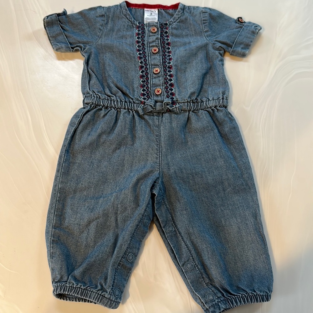 Carters denim jumper/romper - snap legs and embroidered detail - Size 3M
